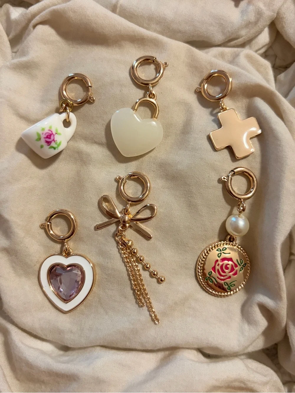 Free People Vintage Charm and Rose Pendant Bag Charm Clip Set